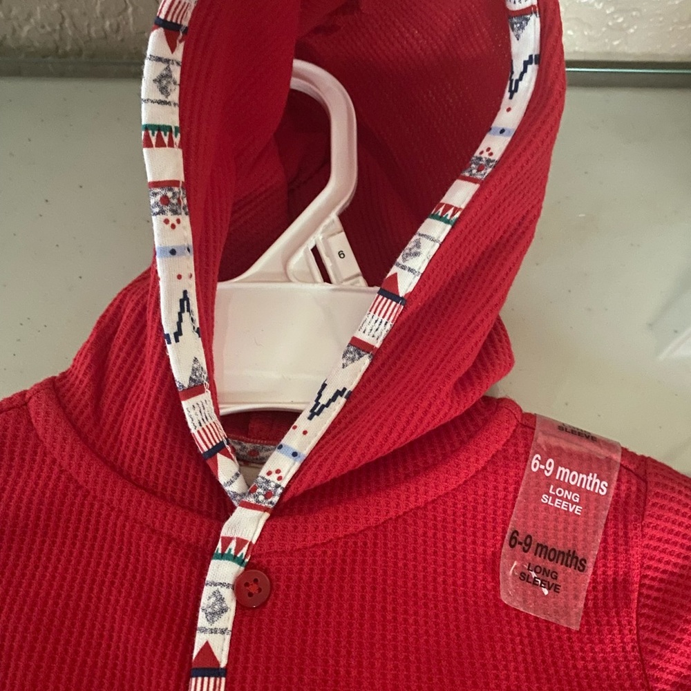 NWT  Red Waffle Knit Hoodie 2 Front Pockets Button Front 6-9M First Impressions - Picture 2 of 11
